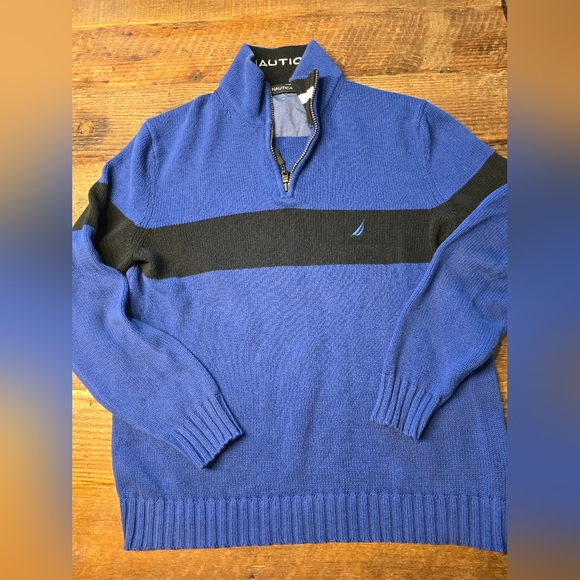 Nautica Blue and Black 1/4 Zip Mens Sweater with Ribbed Cuffs Size Large - Picture 1 of 8